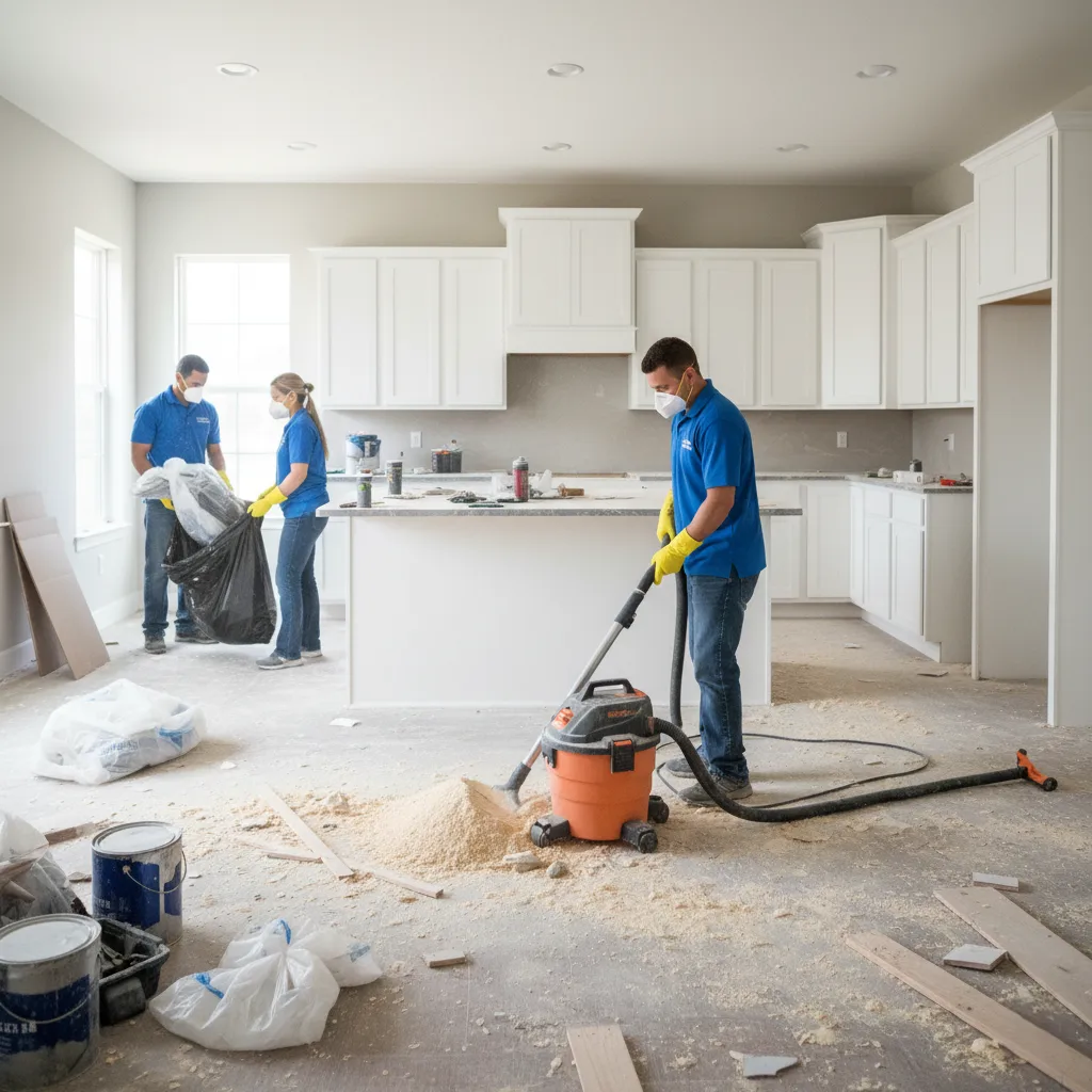 Professional cleaning team in masks and uniforms vacuuming and bagging sawdust in a newly constructed kitchen for post-construction cleanup.