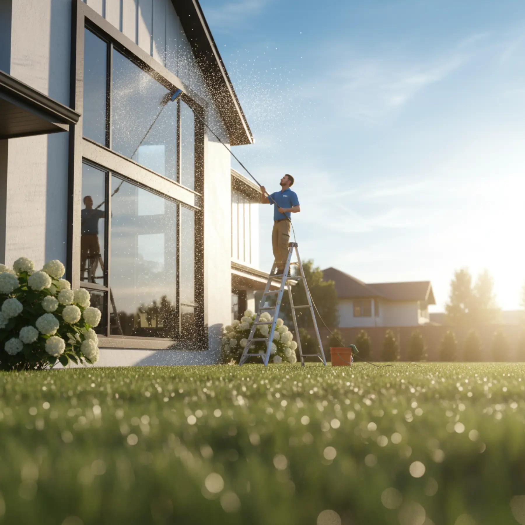 Professional technician providing residential window cleaning services on a contemporary white house, using a squeegee on a long-reach pole while working from a ladder to ensure spotless, streak-free windows.