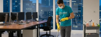 A professional cleaner in a mask is sweeping debris from a tiled office floor into a dustpan as part of a thorough after-hours cleaning.