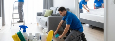Professional team performing Thorough Airbnb Cleaning in a bright, modern apartment, with one person dusting high surfaces, another cleaning floor edges, and two others making a bed in an adjacent room.