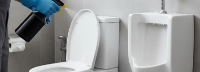 A cleaning professional wearing blue gloves sprays a sanitizing solution on a white toilet next to a clean urinal, illustrating effective Toilet and Urinal Sanitizing.