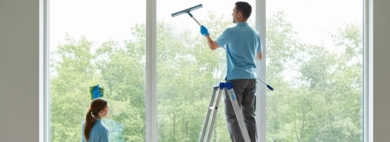 A meticulous team performing expert Window, with one cleaner squeegeeing large panes from a ladder, another wiping down frames, and a third cleaning the lower sections for a crystal-clear finish.
