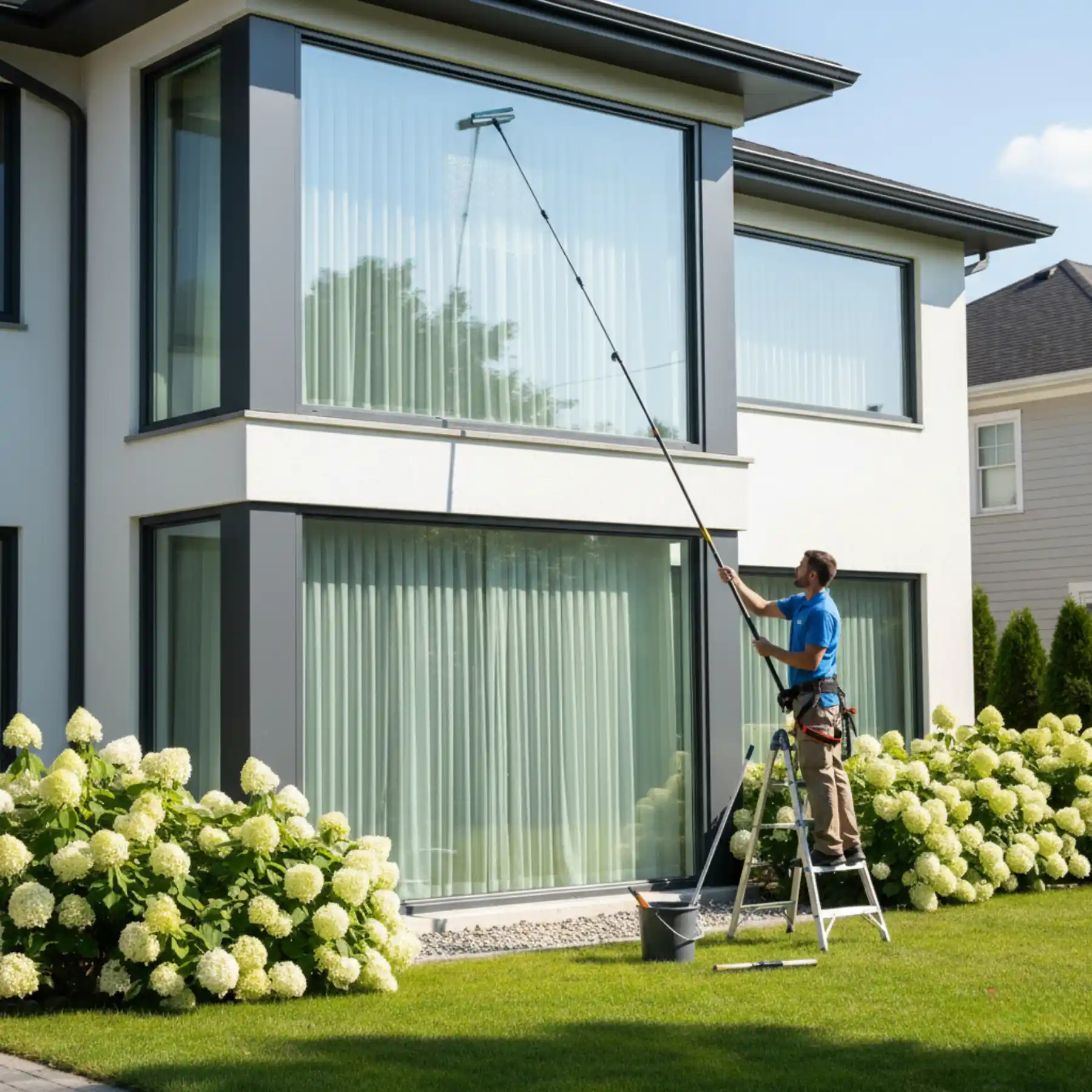 Professional window cleaning services on a modern home using a long-reach water-fed pole system by a uniformed technician standing on a ladder. The windows are large and clean, surrounded by a well-maintained lawn and white hydrangea bushes.