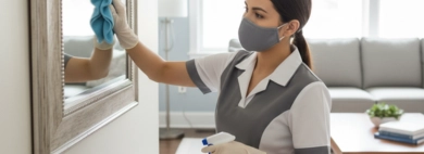 A professional cleaner, wearing a mask and gloves, meticulously wiping a framed mirror to a streak-free shine in a modern living room, demonstrating expert Wipe Mirrors Cleaning services.
