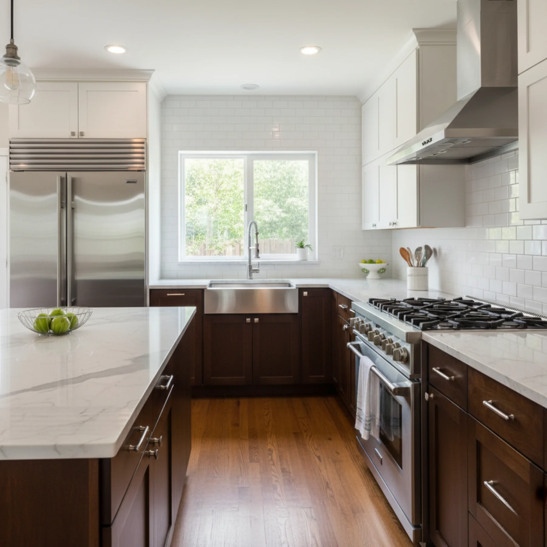 A pristine and modern kitchen with gleaming stainless steel appliances and spotless marble countertops, showcasing the result of professional kitchen cleaning services .